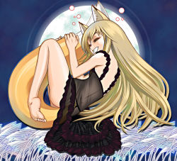 Rule 34 | 00s, 1girl, animal ears, barefoot, blonde hair, closed eyes, feet, fox ears, full moon, g-string, holo, janome gochou, long hair, moon, original, panties, see-through, solo, spice and wolf, tail, thong, underwear, wolf ears