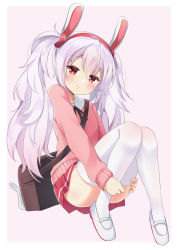 Rule 34 | 1girl, absurdres, animal ears, azur lane, bag, brown background, brown ribbon, cardigan, closed mouth, collared shirt, commentary, fingernails, full body, hair between eyes, hair ornament, hairband, hand on own ass, highres, ikazu401, laffey (azur lane), leg hold, long hair, long sleeves, looking at viewer, neck ribbon, pink cardigan, pleated skirt, rabbit ears, red eyes, red hairband, red skirt, ribbon, shirt, shoes, shoulder bag, sidelocks, silver hair, sitting, skirt, sleeves past wrists, solo, thighhighs, twintails, two-tone background, uwabaki, very long hair, white background, white footwear, white shirt, white thighhighs