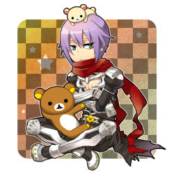 Rule 34 | 1boy, armor, armored boots, assassin cross (ragnarok online), bird, black cape, black pants, black shirt, boots, border, brown background, cape, checkered background, chick, closed mouth, commentary request, crossed arms, doll on head, expressionless, full body, grey eyes, hair between eyes, indian style, looking at viewer, male focus, open clothes, open shirt, outside border, pants, pauldrons, purple hair, ragnarok online, red scarf, scarf, shirt, short hair, shoulder armor, sitting, solo, star (symbol), stuffed animal, stuffed toy, teddy bear, torn cape, torn clothes, torn scarf, tsuki miso, vambraces, waist cape, white border