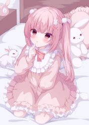 Rule 34 | 1girl, absurdres, blunt bangs, commentary request, commission, dress, frilled dress, frills, hair ornament, highres, long hair, long sleeves, original, pink dress, pink eyes, pink hair, pink pillow, pom pom (clothes), pom pom hair ornament, rabbit hair ornament, shirato momiji, sitting, skeb commission, solo, stuffed animal, stuffed rabbit, stuffed toy, twintails, wariza, white rabbit (animal), x hair ornament