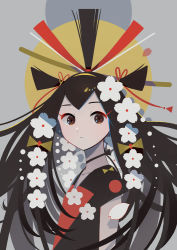Rule 34 | 1girl, appi, black eyes, black hair, expressionless, female focus, flower, grey background, long hair, looking at viewer, original, petals, red ribbon, ribbon, short sleeves, solo, upper body, white flower