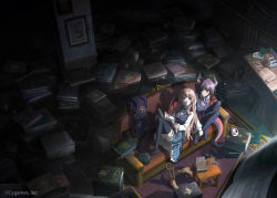 Rule 34 | 2girls, absurdres, anne (shingeki no bahamut), artist request, blonde hair, blue eyes, book, book stack, bookshelf, boots, unworn boots, couch, cup, cygames, desk, dragon girl, dragon horns, dragon tail, dragon wings, frilled skirt, frills, grea (shingeki no bahamut), highres, horns, long hair, looking up, manaria friends, multiple girls, official art, on couch, picture frame, plaid, plaid skirt, purple eyes, purple hair, saucer, school uniform, shingeki no bahamut, shirt, shoes, unworn shoes, short hair, sitting, skirt, smile, tail, teacup, thighhighs, vest, white shirt, wings