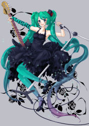 Rule 34 | 1girl, absurdres, akiyama mio, akiyama mio (cosplay), bad id, bad pixiv id, bass guitar, blue pantyhose, cosplay, don&#039;t say &quot;lazy&quot;, dress, facepaint, fingerless gloves, gloves, green eyes, green hair, guitar, hat, hatsune miku, highres, instrument, k-on!, lilithbloody, long hair, matching hair/eyes, microphone, microphone stand, mini hat, mini top hat, pantyhose, solo, top hat, twintails, vocaloid