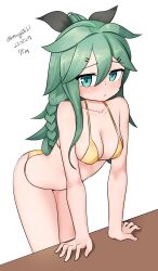 Rule 34 | 1girl, absurdres, bikini, black ribbon, braid, breasts, cleavage, feet out of frame, green eyes, green hair, hair between eyes, hair ornament, hair ribbon, hairclip, highres, kantai collection, long hair, maru (marg0613), medium breasts, one-hour drawing challenge, parted bangs, ponytail, ribbon, side braid, sidelocks, simple background, solo, swimsuit, table, white background, yamakaze (kancolle), yellow bikini