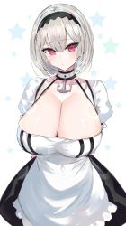 Rule 34 | 1girl, anchor choker, apron, arms behind back, azur lane, bad id, bad twitter id, black hairband, black skirt, blush, breasts, choker, cleavage, collarbone, commentary request, dress, frills, hair between eyes, hairband, hanasaka houcha, highres, huge breasts, looking at viewer, open mouth, red eyes, short hair, silver hair, simple background, sirius (azur lane), skirt, solo, white dress