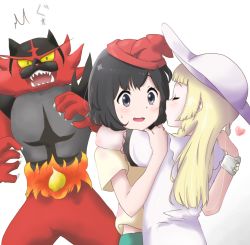 Rule 34 | 2girls, arms around neck, bad id, bad pixiv id, black hair, blonde hair, blush, claws, closed eyes, colored sclera, creatures (company), game freak, gen 7 pokemon, grey eyes, hat, heart, highres, imminent kiss, incineroar, lillie (pokemon), multiple girls, nintendo, open mouth, player character, pokemon, pokemon (creature), pokemon sm, selene (pokemon), sharp teeth, shorts, surprised, sweat, teeth, yano (spirit1022), yellow sclera, yuri, z-ring