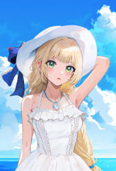 Rule 34 | 1girl, arm behind head, arm up, bare arms, blonde hair, blue bow, blue sky, bow, braid, braided ponytail, cloud, commentary request, day, dress, fire emblem, fire emblem: three houses, green eyes, hat, hat bow, highres, ingrid brandl galatea, jewelry, long hair, nintendo, open mouth, outdoors, pendant, ponytail, sky, sleeveless, sleeveless dress, solo, sun hat, sundress, upper body, very long hair, white dress, white hat, yuurururun