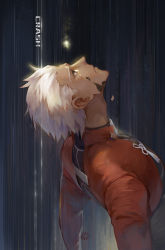 Rule 34 | 1boy, archer (fate), cracked skin, crying, dark skin, dark-skinned male, fate/stay night, fate (series), guttia, highres, jacket, looking up, male focus, red jacket, solo, sparkle, tears, upper body, white hair