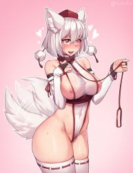 Rule 34 | 1girl, animal ear fluff, animal ears, areola slip, bdsm, blush, breasts, bridal gauntlets, cleft of venus, collar, cowboy shot, hair between eyes, hat, heart, heart-shaped pupils, highres, inubashiri momiji, iwbitu, large breasts, leash, nipple slip, nipples, open mouth, red eyes, red hat, short hair, silver hair, slave, smile, solo, sweat, symbol-shaped pupils, tail, tail wagging, teeth, thighhighs, tokin hat, tongue, tongue out, touhou, wedgie, white thighhighs, wolf ears, wolf tail