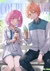 Rule 34 | 1boy, 1girl, absurdres, black pants, blonde hair, blush, breast pocket, collared shirt, commentary, cover, cross-laced clothes, cross-laced top, denim, denim shorts, fake magazine cover, food, food on face, highres, holding, holding ice cream cone, ice cream, ice cream cone, knees together feet apart, long sleeves, looking at viewer, magazine cover, on bench, ootori emu, pants, pink eyes, pink hair, pocket, project sekai, shirt, shorts, sitting, soft serve, tabitsuki, tenma tsukasa, triple scoop, white shirt, yellow eyes