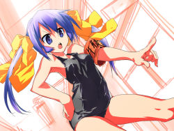 Rule 34 | 1girl, alta, armband, black one-piece swimsuit, blue eyes, blue hair, dutch angle, long hair, matching hair/eyes, one-piece swimsuit, original, oruta (owata saber), school swimsuit, solo, swimsuit, twintails
