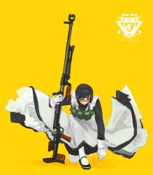 Rule 34 | 1girl, absurdres, anti-materiel rifle, apron, black dress, black footwear, black hair, bolt action, closed eyes, closed mouth, dress, facing viewer, gloves, gun, highres, holding, holding gun, holding weapon, looking at viewer, maid, maid apron, on one knee, orange-tinted eyewear, original, pantyhose, polilla, pouch, ptrd-41, rifle, shoes, simple background, sniper rifle, solo, sunglasses, tinted eyewear, vest, weapon, white apron, white gloves, white pantyhose, yellow background
