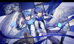 Rule 34 | 2boys, anniversary, artist self-reference, belt, black shirt, blue eyes, blue hair, blue pants, blue scarf, boots, brown pants, character name, coat, commentary, dated, dual persona, feathered wings, hand on headphones, hand up, headphones, headset, highres, kaito (vocaloid), kaito (vocaloid3), knee boots, looking at viewer, male focus, multiple boys, pants, scarf, screen, shirt, twitter username, vocaloid, white coat, wings, ziling