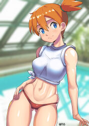 Rule 34 | 1girl, abs, asymmetrical hair, bare shoulders, blue eyes, blurry, blurry background, blush, breasts, bushes, closed mouth, cowboy shot, creatures (company), crop top, curvy, day, female focus, game freak, gez1313, gssaturday, hair tie, legs, looking at viewer, medium breasts, misty (pokemon), muscular, navel, nintendo, no bra, orange hair, pokemon, pokemon (anime), pokemon (classic anime), pokemon ep018, ponytail, pool, shirt, short hair, side ponytail, sleeveless, solo, standing, thighs, thong, water, white shirt, yellow shirt
