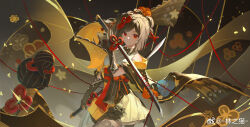 Rule 34 | 1girl, absurdres, bare shoulders, black gloves, black hair, black pantyhose, chiori (genshin impact), closed mouth, detached sleeves, doll, dual wielding, genshin impact, gloves, hair ornament, hand up, highres, holding, holding sword, holding weapon, japanese clothes, katana, kimono, lin zhi mao, long hair, long sleeves, looking at viewer, obi, pantyhose, red eyes, sash, shirt, side ponytail, skirt, solo, standing, string, sword, tamoto (genshin impact), weapon, wide sleeves, yellow skirt
