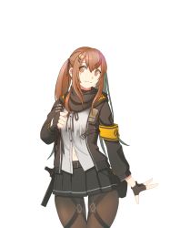 Rule 34 | 1girl, :3, armband, black jacket, brown eyes, brown hair, closed mouth, fingerless gloves, girls&#039; frontline, gloves, gun, h&amp;k ump, h&amp;k ump, hair between eyes, hair ornament, holding, holding gun, holding weapon, hood, hood down, hooded jacket, jacket, looking at viewer, navel, open clothes, open jacket, open shirt, scar, scar across eye, scar on face, simple background, solo, tab (tabkun), twintails, ump9 (girls&#039; frontline), weapon, white background