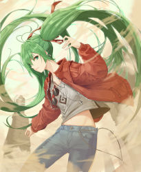Rule 34 | 1girl, absurdly long hair, absurdres, blue pants, cowboy shot, curiosities of lotus asia, day, denim, dust, eyewear hang, unworn eyewear, floating hair, green eyes, green hair, grey shirt, hair over one eye, hair ribbon, hatsune miku, highres, jacket, jeans, jewelry, leaning to the side, long hair, long sleeves, looking at viewer, midriff, mute fanta855, navel, necklace, open clothes, open jacket, outdoors, pants, red-framed eyewear, red jacket, red ribbon, ribbon, shirt, solo, standing, stomach, suna no wakusei (vocaloid), sunglasses, touhou, very long hair, vocaloid, zipper