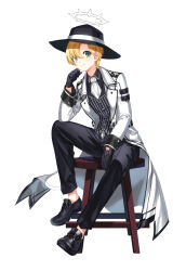 Rule 34 | 1boy, :3, absurdres, alternate hair color, asymmetrical bangs, between legs, black footwear, black gloves, black hat, black pants, black shirt, black vest, brown hair, clenched hands, closers, coat, collared shirt, spiked halo, dress shirt, elbow on thigh, elbow rest, fedora, full body, gloves, green eyes, halo, hand between legs, hand on own cheek, hand on own face, hat, highres, long sleeves, looking at viewer, looking to the side, male focus, mistilteinn (closers), necktie, no socks, official art, on stool, open clothes, open coat, pants, shirt, short hair, sitting, solo, stool, striped clothes, striped vest, tachi-e, vertical-striped clothes, vertical-striped vest, vest, waistcoat, white background, white coat, white halo, white necktie, wing collar
