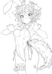 Rule 34 | 1girl, adjusting neckwear, alternate costume, animal ears, bare arms, blush, bow, bowtie, breasts, rabbit ears, cleavage, covered navel, cowboy shot, detached collar, fake animal ears, greyscale, groin, hands up, inubashiri momiji, bridal garter, matsuda (matsukichi), medium breasts, messy hair, monochrome, nose blush, playboy bunny, short hair, simple background, solo, standing, tail, thighs, touhou, white background, wolf ears, wolf tail, wrist cuffs