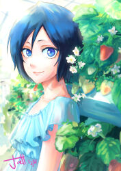 Rule 34 | 1girl, artist name, black hair, bleach, blue dress, blue eyes, blue hair, blurry, blurry background, breasts, close-up, collarbone, commentary, dated, dress, flower, foliage, food, frilled dress, frills, from side, fruit, greenhouse, hair between eyes, highres, jcell, kuchiki rukia, leaf, lips, long bangs, looking at viewer, looking to the side, plant, short hair, short sleeves, signature, small breasts, smile, solo, strawberry, strawberry blossoms, upper body, watermark, white flower