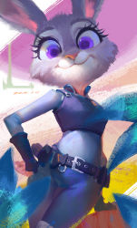 Rule 34 | 1girl, :3, animal ears, animal nose, artist name, belt, belt buckle, black belt, body fur, buckle, commentary, dated, furry, furry female, gloves, grey fur, grey hair, hand on own hip, highres, huabaobei huabaobei, judy hopps, long sleeves, looking at viewer, pants, police, police uniform, policewoman, purple eyes, rabbit ears, rabbit girl, rabbit tail, solo, standing, tail, thigh gap, uniform, zootopia