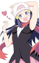 Rule 34 | 1girl, :d, absurdres, arm up, bad id, bad pixiv id, beanie, black hair, blush, bracelet, breasts, bright pupils, commentary request, creatures (company), dawn (pokemon), floating scarf, game freak, grey eyes, hair ornament, hairclip, hat, heart, highres, jewelry, konbanwa01, long hair, nintendo, open mouth, pink skirt, pokemon, pokemon dppt, red scarf, scarf, shirt, skirt, sleeveless, sleeveless shirt, smile, solo, teeth, upper teeth only, white hat, white pupils