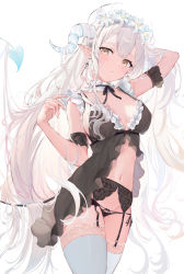 Rule 34 | 1girl, arm behind head, arm strap, arm up, babydoll, bare shoulders, black panties, black ribbon, blue nails, blush, breasts, brown eyes, cleavage, cross, cross earrings, demon girl, demon horns, demon tail, earrings, flower, frills, garter belt, hair flower, hair ornament, highres, horns, jewelry, lace, lace-trimmed legwear, lace trim, lingerie, long hair, looking at viewer, looking back, medium breasts, mikanagi yuri, nail polish, navel, neck garter, original, panties, parted lips, pointy ears, ribbon, see-through, silver hair, simple background, solo, stomach, tail, thighhighs, underwear, underwear only, very long hair, white background, white flower, white thighhighs