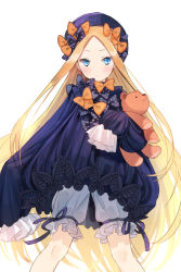 Rule 34 | 1girl, abigail williams (fate), beret, blonde hair, bloomers, blue dress, blue eyes, blush, bow, bug, butterfly, closed mouth, commentary request, dress, fate/grand order, fate (series), hair bow, hands in opposite sleeves, hat, hugging object, ice (ice aptx), insect, long hair, long sleeves, looking to the side, multiple hair bows, orange bow, parted bangs, polka dot, polka dot bow, purple bow, purple hat, simple background, solo, stuffed animal, stuffed toy, teddy bear, underwear, very long hair, white background, white bloomers
