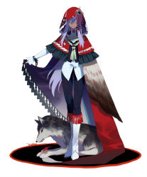 Rule 34 | 1girl, big bad wolf, boots, cape, capelet, closed mouth, closed eyes, facing viewer, hood, hood up, little red riding hood, little red riding hood (grimm), long hair, original, pants, purple hair, red capelet, signature, simple background, smile, solo, standing, tassel, two-sided cape, two-sided fabric, very long hair, white background, white footwear, wolf, yamakawa