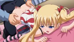 Rule 34 | 1boy, 1girl, akizuki airi, all fours, anal, animated, animated gif, ass, ass grab, bed, bed sheet, blonde hair, blue eyes, censored, clothes, clothes pull, denim, denim shorts, dimples of venus, doggystyle, hetero, highres, looking back, oni chichi, open mouth, poro, sex, sex from behind, sheet grab, shorts, shorts pull, striped clothes, striped thighhighs, tagme, thighhighs, top-down bottom-up, twintails