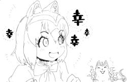 Rule 34 | 10s, 1girl, amaterasu (ookami), animal ears, bow, clenched hand, common raccoon (kemono friends), greyscale, happy, issun, kemono friends, monochrome, ookami (game), puffy short sleeves, puffy sleeves, raccoon ears, short hair, short sleeves, simple background, smile, torigoshi crow, upper body, white background, wolf