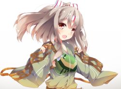 Rule 34 | 10s, 1girl, :d, brown eyes, fuuna, gradient background, green kimono, hachimaki, headband, high ponytail, highres, japanese clothes, kantai collection, kimono, light brown hair, long hair, long sleeves, muneate, open mouth, smile, solo, white background, wide sleeves, zuihou (kancolle)