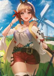 Rule 34 | 1girl, :d, atelier (series), atelier ryza, atelier ryza 1, belt, belt buckle, beret, blue sky, blush, bow, breasts, brown eyes, brown gloves, brown hair, buckle, cleavage, cowboy shot, day, fence, flask, gloves, hair ornament, hairclip, hat, highres, jewelry, large breasts, long sleeves, looking at viewer, meadow, navel, necklace, open clothes, open mouth, open vest, outdoors, red bow, red shorts, reisalin stout, round-bottom flask, shirt, short hair, short shorts, shorts, single glove, skindentation, sky, smile, solo, tassel, thaumazo, thigh gap, thighhighs, vest, white hat, white shirt, white thighhighs, windmill, wristband, yellow vest