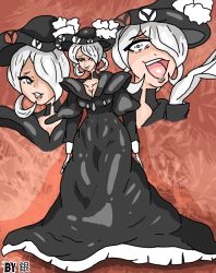 Rule 34 | 1girl, black dress, black headwear, breasts, choker, cleavage, cogita (pokemon), collarbone, commentary, creatures (company), dress, game freak, gloves, grey eyes, hair over one eye, hand up, hat, lighttheh, lipstick, long sleeves, looking at viewer, makeup, multiple views, nintendo, open mouth, pokemon, pokemon legends: arceus, raised eyebrows, self-upload, smile, standing, teeth, tongue, upper teeth only, white gloves, white hair
