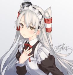 Rule 34 | 10s, 1girl, alternate costume, amatsukaze (kancolle), black dress, blush, brown eyes, closed mouth, dated, dress, enmaided, gradient background, hair between eyes, hair tubes, hand on own chest, kantai collection, lips, long hair, looking at viewer, maid, rokuwata tomoe, silver hair, simple background, smokestack hair ornament, solo, twintails, twitter username, two side up