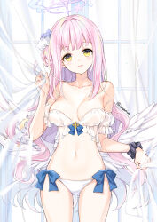 Rule 34 | 1girl, bare shoulders, blue archive, blue scrunchie, blush, bra, breasts, collarbone, detached sleeves, feathered wings, hair bun, halo, highres, indoors, juna, large breasts, long hair, looking at viewer, low wings, mika (blue archive), navel, open mouth, panties, pink hair, pink halo, puffy sleeves, scrunchie, see-through, single hair bun, single side bun, smile, solo, stomach, underwear, white bra, white panties, white wings, window, wing ornament, wings, wrist scrunchie, yellow eyes