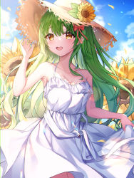 Rule 34 | 1girl, :d, absurdres, bare shoulders, bow, breasts, collarbone, commentary request, cowboy shot, day, dress, flower, green hair, hair between eyes, hair bow, halter dress, halterneck, hand on headwear, hat, hat flower, highres, huge filesize, long hair, looking at viewer, medium breasts, open mouth, original, red bow, skirt hold, sky, sleeveless, sleeveless dress, smile, solo, straw hat, sundress, sunflower, teeth, ttopang, upper teeth only, very long hair, white dress, yellow eyes, yellow flower, yellow hat