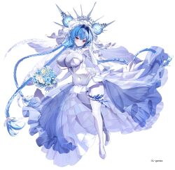 Rule 34 | 1girl, absurdres, aku no onna kanbu: perigee new moon, arrow (tamawo222), blue flower, blue hair, blue ribbon, blue rose, bouquet, braid, braided ponytail, breasts, bridal garter, bridal veil, character request, cleavage, colored skin, copyright notice, dress, floral print, flower, frills, full body, grey skin, hair intakes, halo, high-low skirt, highres, holding, holding bouquet, huge breasts, long hair, official art, ponytail, red eyes, ribbon, rose, rose print, see-through, single thighhigh, solo, thighhighs, veil, wedding dress, white dress, white flower, white footwear, white rose
