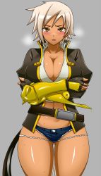 Rule 34 | 1girl, arc system works, belt, blazblue, blush, breast hold, breasts, breath, brown eyes, bullet (blazblue), cleavage, crossed arms, curvy, dark skin, denim, denim shorts, fingerless gloves, gloves, grey background, highres, jacket, large breasts, looking at viewer, navel, okyou, open mouth, short hair, short shorts, shorts, silver hair, simple background, solo, standing, sweat, thick thighs, thigh gap, thighs, wide hips