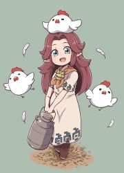 Rule 34 | 1girl, :d, bare arms, bird, blue eyes, botos, bowser, brown footwear, brown hair, chicken, chicken on head, cucco, dress, eyebrows, feathers, full body, green background, hair intakes, highres, holding, long hair, looking at viewer, malon, neckerchief, nintendo, open mouth, orange neckerchief, pointy ears, short sleeves, simple background, smile, solo, standing, the legend of zelda, the legend of zelda: ocarina of time, v arms, white dress, yokoyoko (nazonazo)