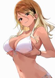 Rule 34 | 1girl, bikini, black eyes, blonde hair, bracelet, breast lift, breasts, cleavage, commentary request, earrings, from below, front-tie bikini top, front-tie top, gradient hair, highres, idolmaster, idolmaster shiny colors, izumi mei, jewelry, kinjin, large breasts, long hair, looking at viewer, multicolored hair, nail polish, navel, parted lips, pink nails, side-tie bikini bottom, simple background, solo, swimsuit, upper body, white background, white bikini