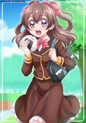 Rule 34 | 1girl, bag, blazer, blue sky, border, bow, bowtie, brown hair, brown jacket, brown skirt, carrying, cloud, cloudy sky, commentary, dated, day, delicious party precure, dress shirt, food, food on face, hair ribbon, hanzou, highres, holding, holding food, jacket, long sleeves, looking at viewer, medium hair, medium skirt, nagomi yui, onigiri, open mouth, outdoors, precure, purple eyes, red bow, red bowtie, red ribbon, ribbon, rounded corners, school bag, shirt, skirt, sky, solo, standing, tree, twitter username, two side up, white border, white shirt, wing collar