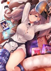 Rule 34 | 1girl, atlanta (kancolle), bad anatomy, bad leg, blouse, blush, book, breasts, brown hair, buttons, commentary request, earrings, garrison cap, garter belt, grey eyes, hat, highres, holding, holding book, jewelry, kantai collection, large breasts, long hair, long sleeves, meme, narushima kanna, shirt, solo, tablet pc, twintails, two side up, white shirt