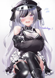 Rule 34 | 1girl, absurdres, azur lane, bare shoulders, black footwear, black gloves, black hat, black ribbon, black skirt, boots, breasts, commentary request, crossed arms, elbe (azur lane), embarrassed, fang, flying sweatdrops, frilled skirt, frilled sleeves, frills, gloves, grey background, grey hair, hair ribbon, halterneck, hat, highres, large breasts, long hair, long sleeves, makihige, open mouth, peaked cap, ribbon, simple background, sitting, skin fang, skirt, solo, thigh boots, thighs, twitter username, two side up, very long hair, wavy mouth