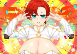 Rule 34 | 1girl, aqua eyes, boudica (fate), breasts, cleavage, cleavage cutout, clothing cutout, double v, earrings, emotional engine - full drive, fate/grand order, fate (series), gradient background, highres, jewelry, large breasts, nanaya (ranchenmonhan), red hair, solo, sparkle, v