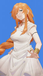 Rule 34 | 1girl, armband, bare shoulders, bracer, chilakkk, collarbone, cowboy shot, dress, earrings, flamme (sousou no frieren), green eyes, hand on own hip, highres, jewelry, long hair, looking at viewer, orange hair, parted lips, simple background, sleeveless, sleeveless dress, smile, solo, sousou no frieren, standing, very long hair, white dress