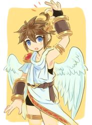 Rule 34 | 1boy, ahoge, angel, angel wings, armlet, blue eyes, brown hair, commentary request, cowboy shot, kid icarus, kid icarus uprising, laurel crown, male focus, nintendo, nopepe, open mouth, pit (kid icarus), solo, two-tone background, white background, wings, yellow background