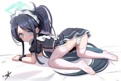 Rule 34 | 1girl, absurdly long hair, all fours, apron, aris (blue archive), aris (maid) (blue archive), ass, bed sheet, black hair, blue archive, blue eyes, boppin, commentary request, forehead, frilled apron, frills, from behind, halo, head tilt, highres, long hair, looking at viewer, looking back, maid, maid apron, maid headdress, no shoes, official alternate costume, official alternate hairstyle, panties, pantyshot, parted bangs, ponytail, puffy short sleeves, puffy sleeves, short sleeves, sidelocks, simple background, soles, solo, striped clothes, striped panties, thighhighs, toes, underwear, very long hair, white background, white panties, white thighhighs, wristband