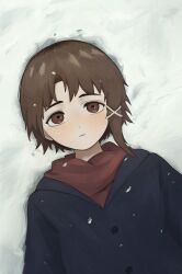 Rule 34 | 1girl, absurdres, asymmetrical hair, blue jacket, blush, brown eyes, brown hair, commentary request, hair ornament, highres, iwakura lain, jacket, luce65535, lying, on back, outdoors, parted bangs, parted lips, red scarf, scarf, serial experiments lain, short hair, single sidelock, snow, snowing, solo, teeth, upper body, x hair ornament