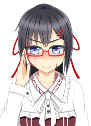 Rule 34 | 1girl, bespectacled, black hair, blue eyes, blush, commentary request, dorei to no seikatsu ~teaching feeling~, frilled shirt collar, frills, glasses, hair ornament, hair ribbon, hairclip, hand up, highres, long hair, long sleeves, looking at viewer, red-framed eyewear, red ribbon, ribbon, robu (ms08bb), semi-rimless eyewear, simple background, smile, sylvie (dorei to no seikatsu), under-rim eyewear, upper body, v-shaped eyebrows, white background